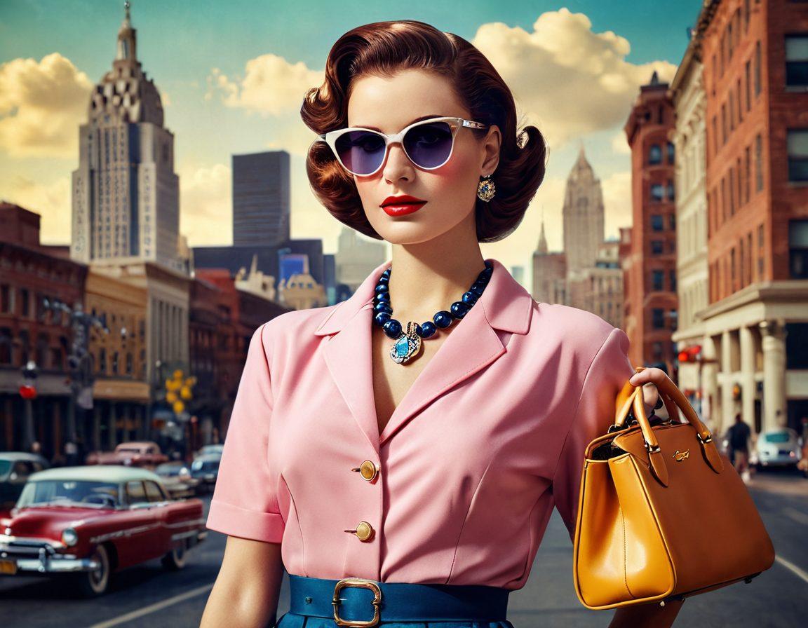 A stylish modern woman in a chic retro outfit, showcasing a blend of 1950s elegance and contemporary flair. She is surrounded by vintage fashion accessories like a classic handbag, statement jewelry, and retro sunglasses, all against a backdrop of a polished cityscape. Soft, warm lighting adds an inviting glow to the scene, highlighting the sophistication of retro fashion. vibrant colors. super-realistic. 3D.