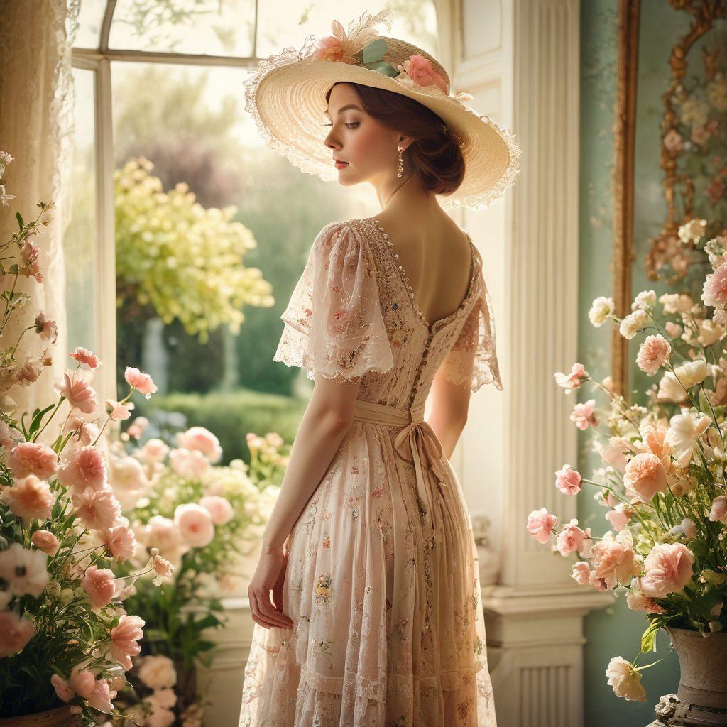 A graceful silhouette of a woman in a flowing, vintage-inspired dress, standing in a sunlit garden surrounded by blooming flowers. The scene captures the essence of timeless elegance, with soft pastel colors, delicate lace details, and accessories like pearls and a vintage hat. The background features an antique mirror reflecting the beauty of classic fashion. super-realistic. vibrant colors. soft focus.